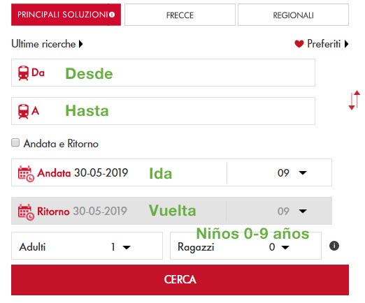 Horario de trenes en la web de Trenitalia